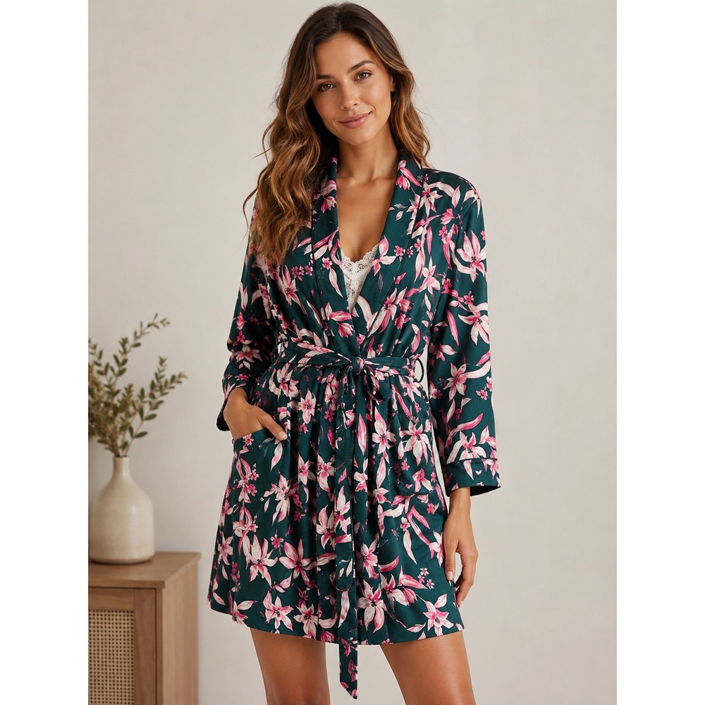 Petite Plume Pima Cotton Robe Women XS Amalfi Floral Green Pink Wrap New